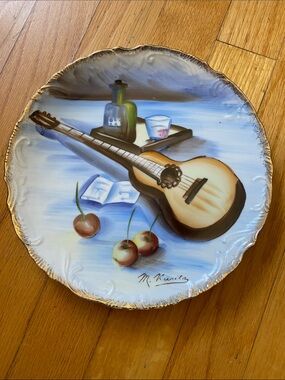 Vintage Guitar/Folk Porcelain Hanging Plate Musical Hand Painted M. Kuritz